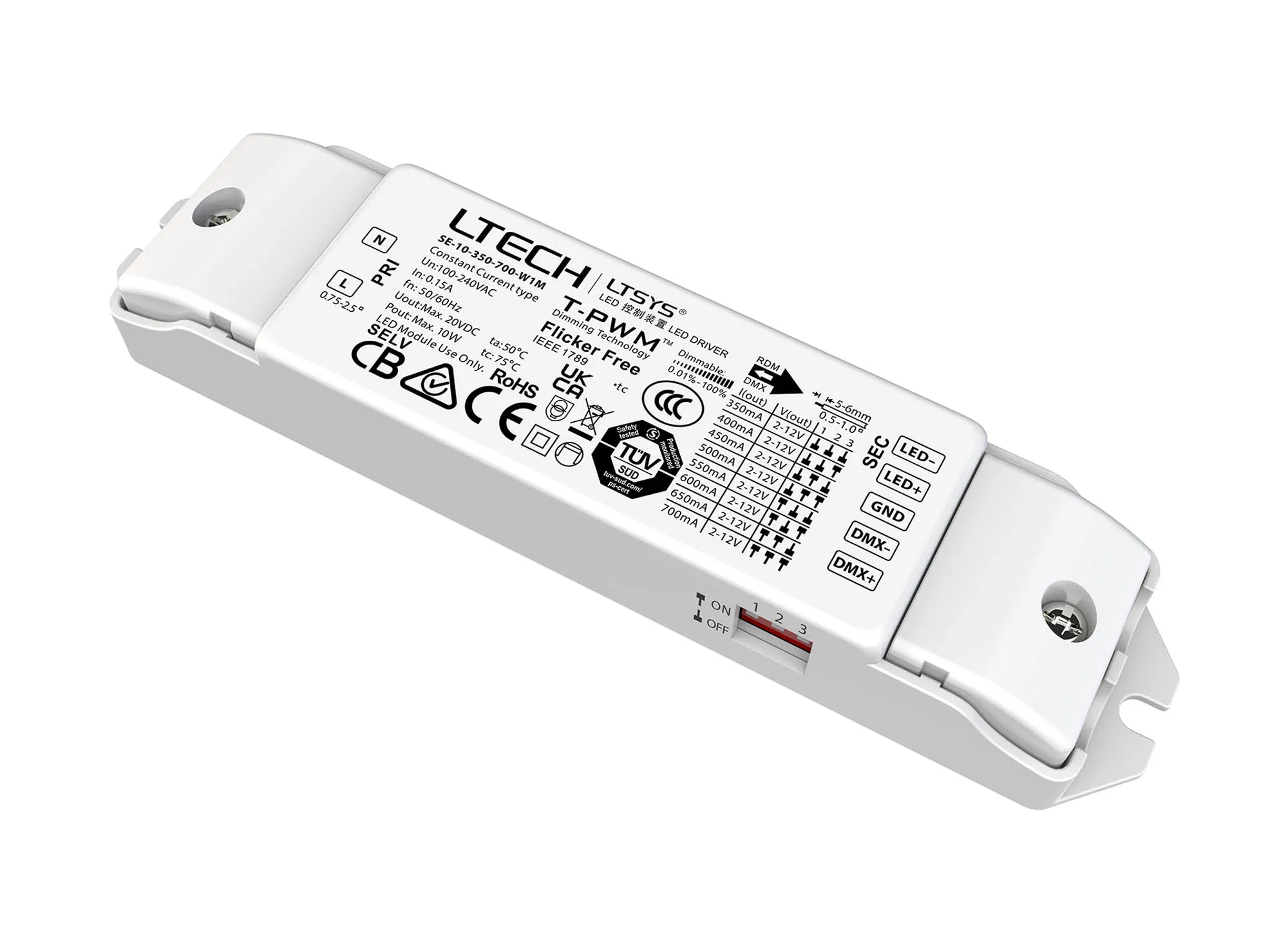 SE-10-350-700-W1M  DMX512/RDM, 0-100% Dim, CC 10W, 2-12Vdc 350-700mA O/P, 100-240Vac input, IP20, 5yrs Warranty.